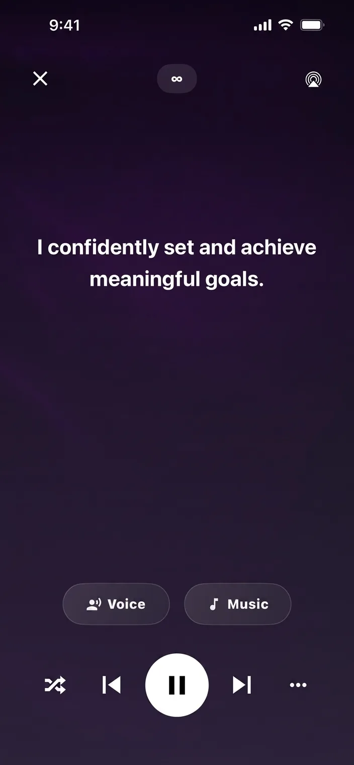 Arkhitec affirmation player showing the affirmation: I confidently set and achieve meaningful goals.