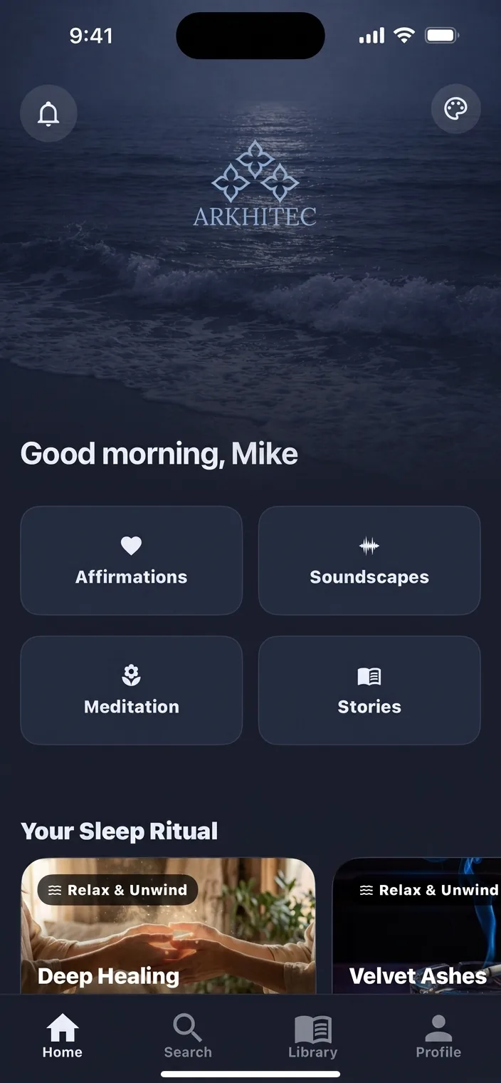 Arkhitec home screen in the Blueberry theme with a night ocean background