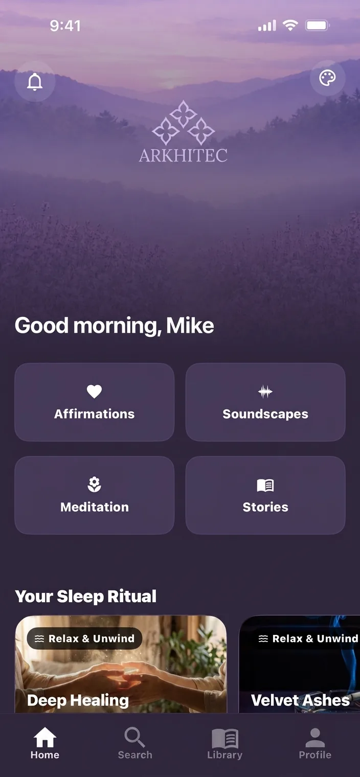Arkhitec home screen in the Lavender theme