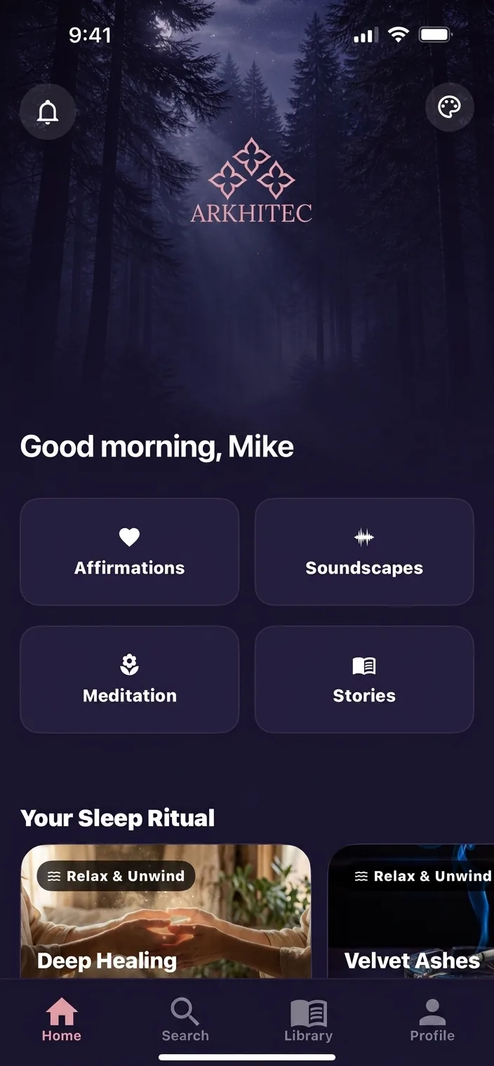 Arkhitec home screen in the Midnight Rose theme