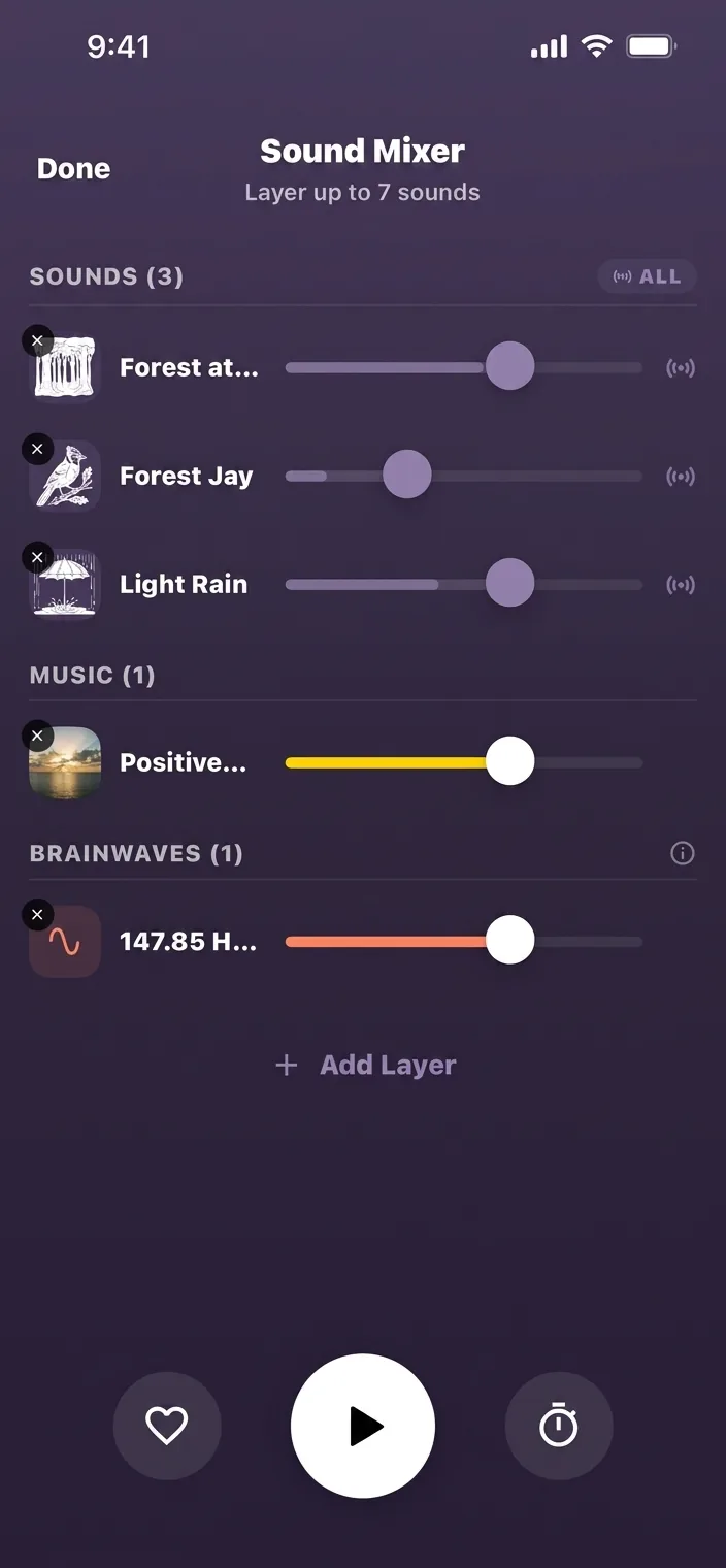 Arkhitec 7-layer Sound Mixer showing forest sounds, music, and a brainwave layer