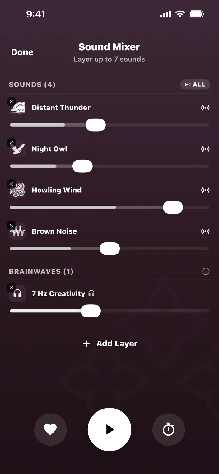 The same Sound Mixer in the rose theme: four sound layers and a 7 Hz Creativity brainwave layer, with Add Layer below