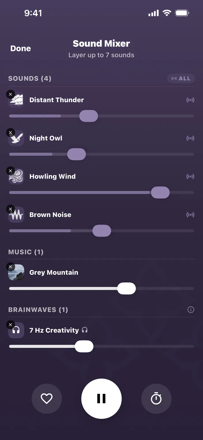 The Arkhitec Sound Mixer in the lavender theme: Distant Thunder, Night Owl, Howling Wind and Brown Noise on their own sliders, a Grey Mountain music layer and a 7 Hz Creativity brainwave layer