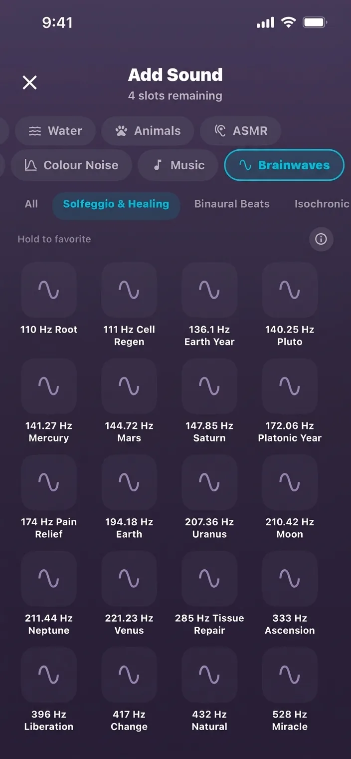 Arkhitec frequency library showing 20 solfeggio healing frequencies from 110 Hz Root to 528 Hz Miracle