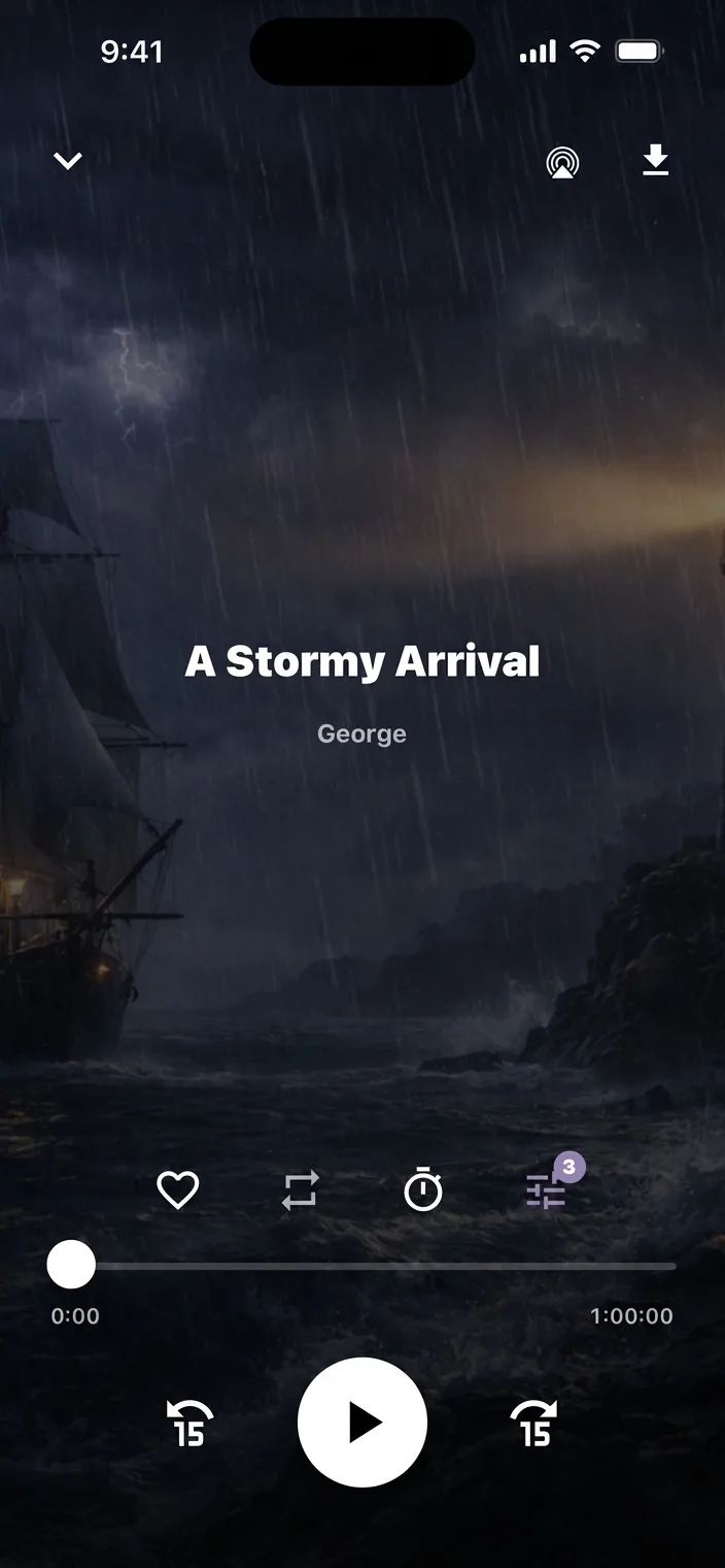 Arkhitec sleep story player — A Stormy Arrival by George, 1-hour narrated sleep story