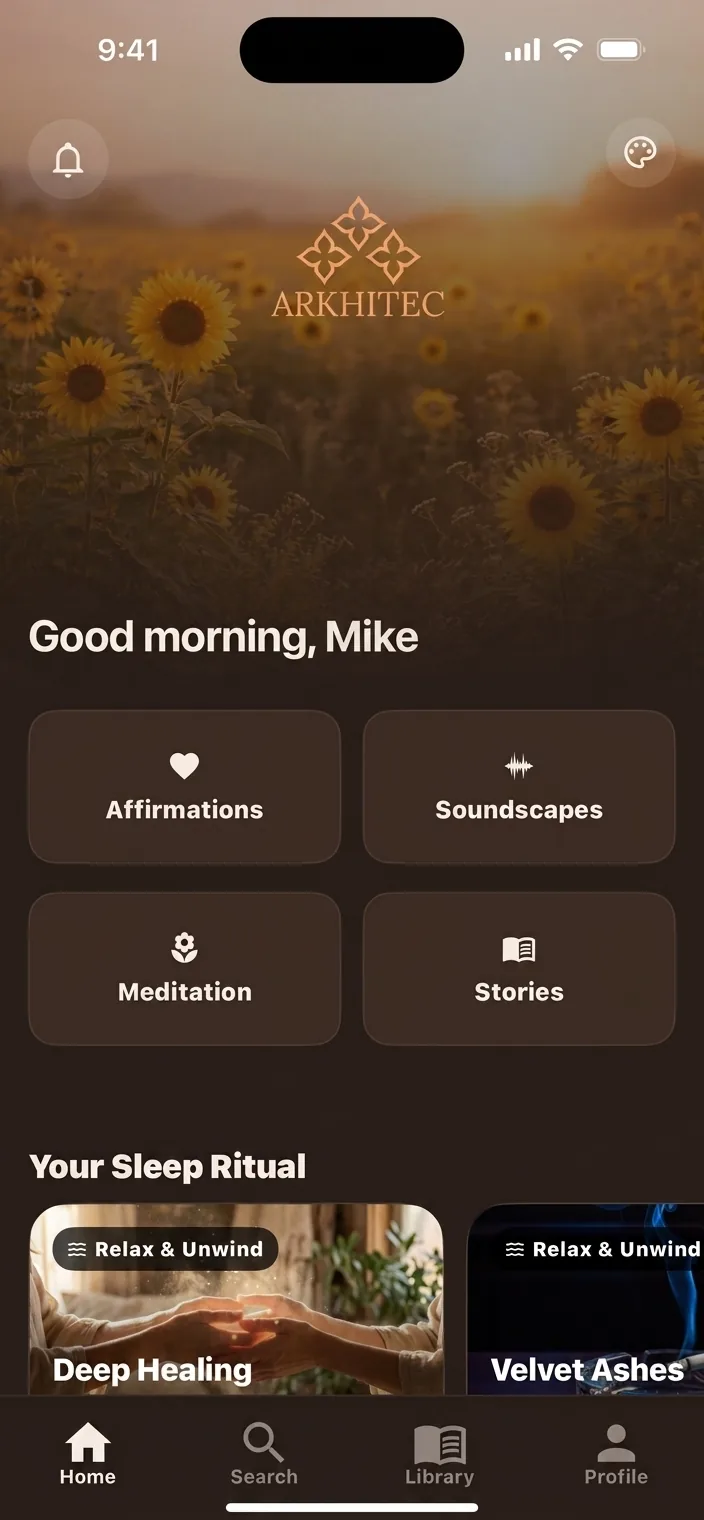 Arkhitec home screen in the Sunset theme with a sunflower field background
